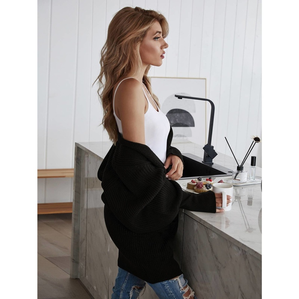 Batwing Sleeve Solid Cardigan with pockets black oversized - Picture 3 of 6
